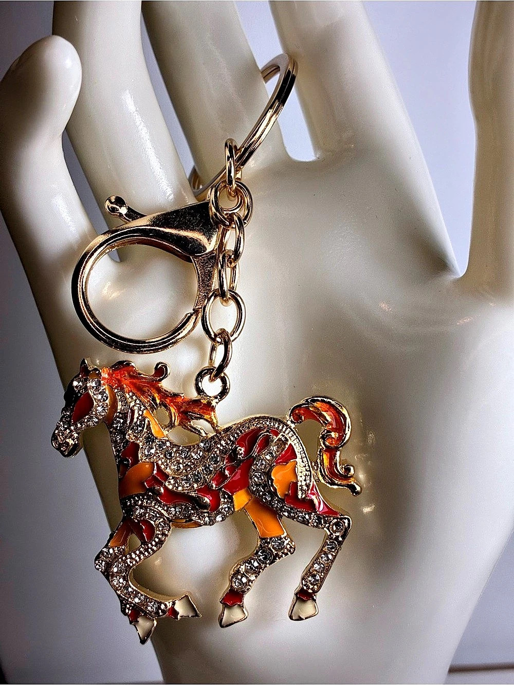 Enamel Horse Keychain Bag Charm in Gold, Red And Orange New Without Tags